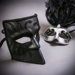 Black Glitter Bauta Full Face w/ Silver Feather Masquerade Wedding Ball Mask